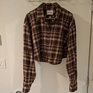 Sunday Best Women's Brown & Tan 90's Cropped Plaid Flannel Shirt (Size M)